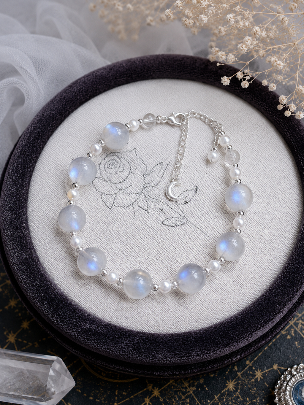 Gray Moonstone & Natural Pearl Bracelet 🌙