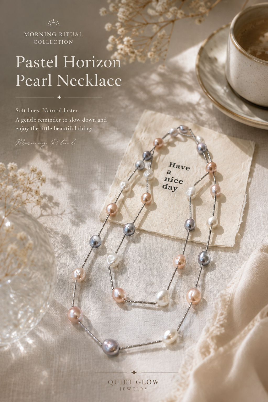 Pastel Horizon Pearl Necklace | Natural Pearl & Silver-Tone Design