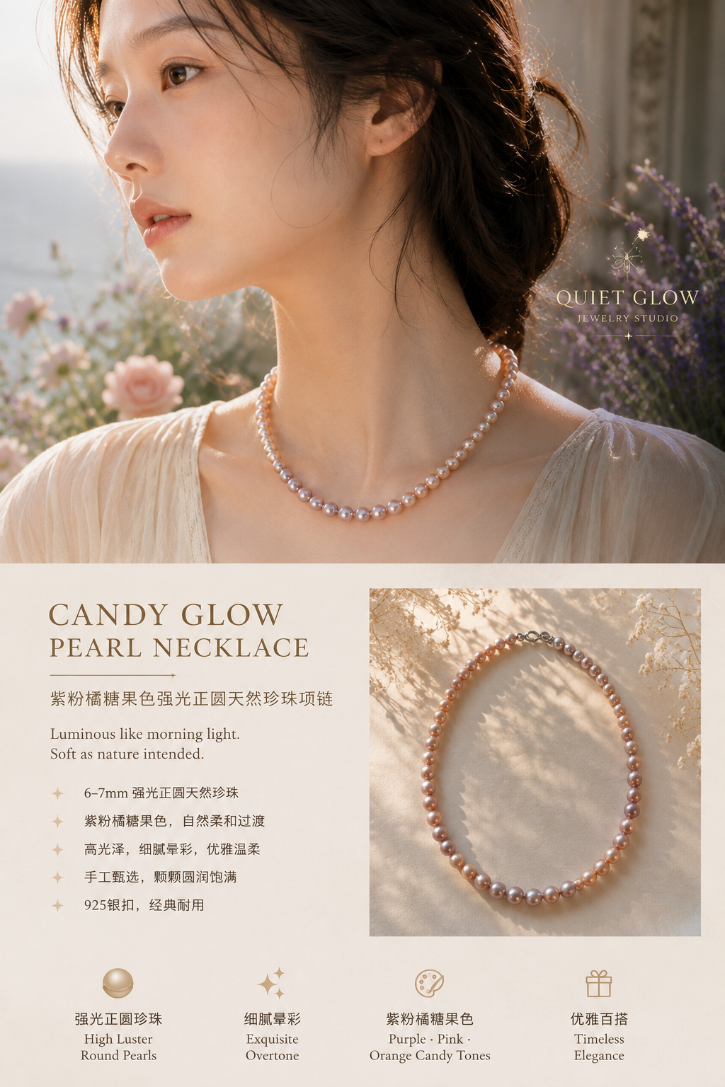 Candy Bloom Natural Pearl Necklace – Pink, Lavender & Peach